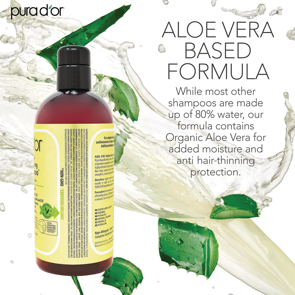 PDO005 | back of shampoo bottle showing ingredient label, Aloe Vera based formula text and aloe graphics - Thumbnail