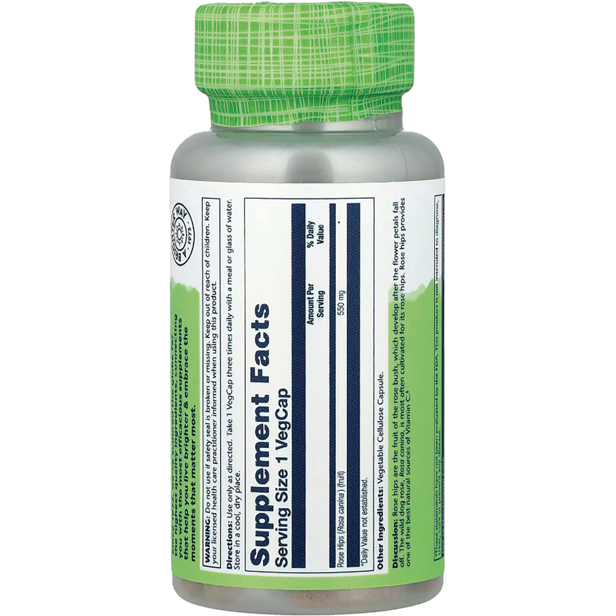 SLR401 | Back of supplement bottle showing Supplement Facts label and green cap