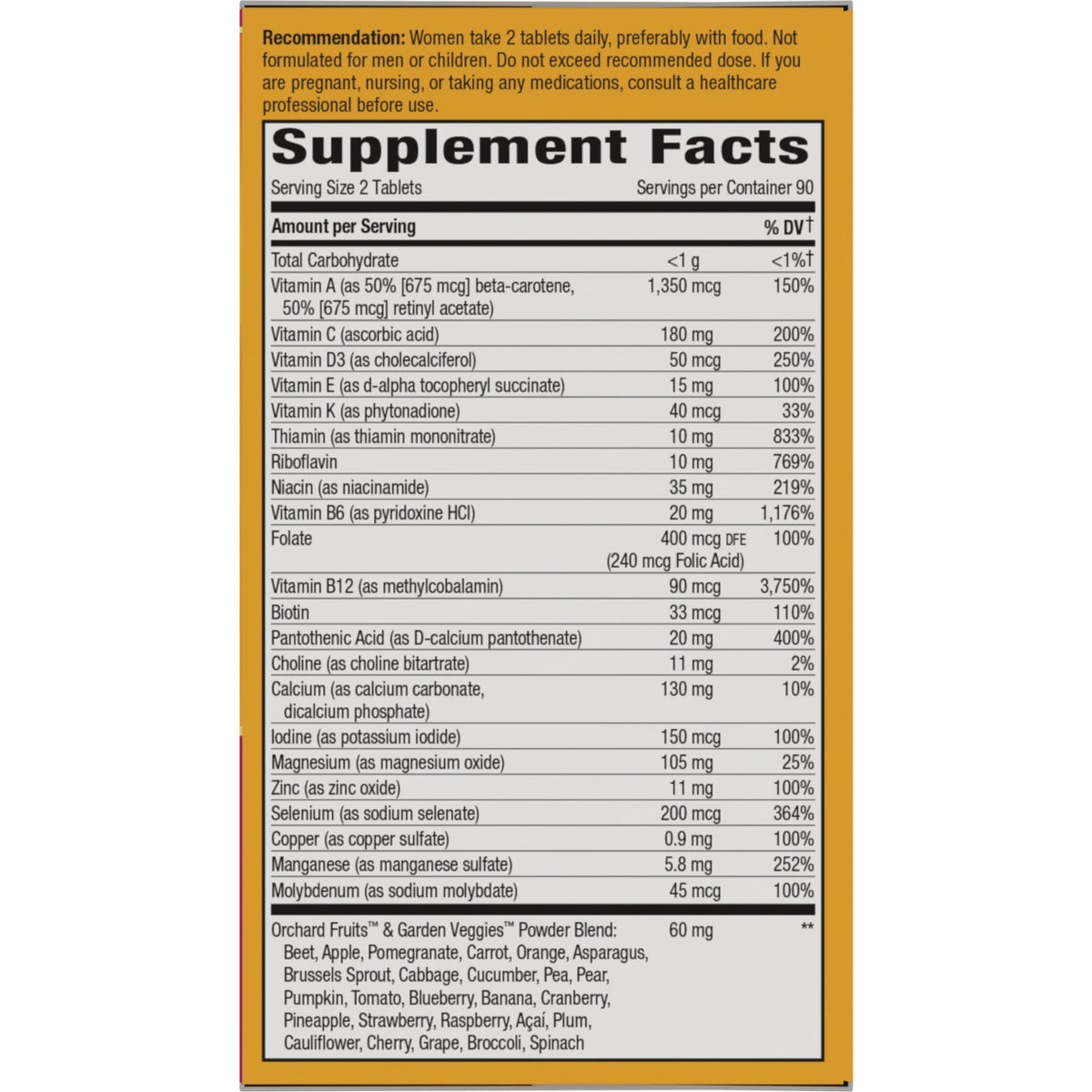 NW1077 | Supplement Facts panel for a women's multivitamin with dosage instructions and nutrient list