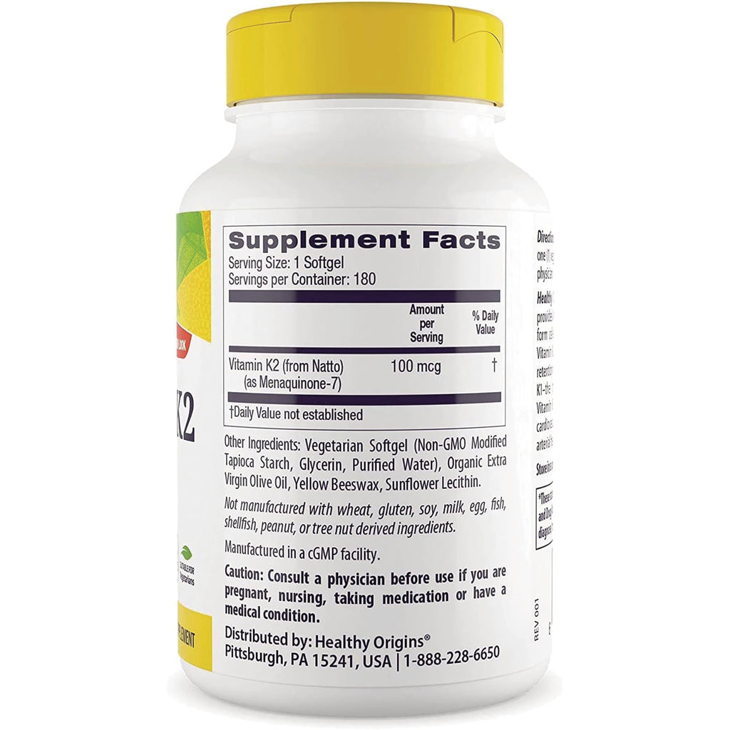 HRG174 | supplement facts and ingredient panel on back of white bottle showing Vitamin K2 100 mcg and caution - Thumbnail