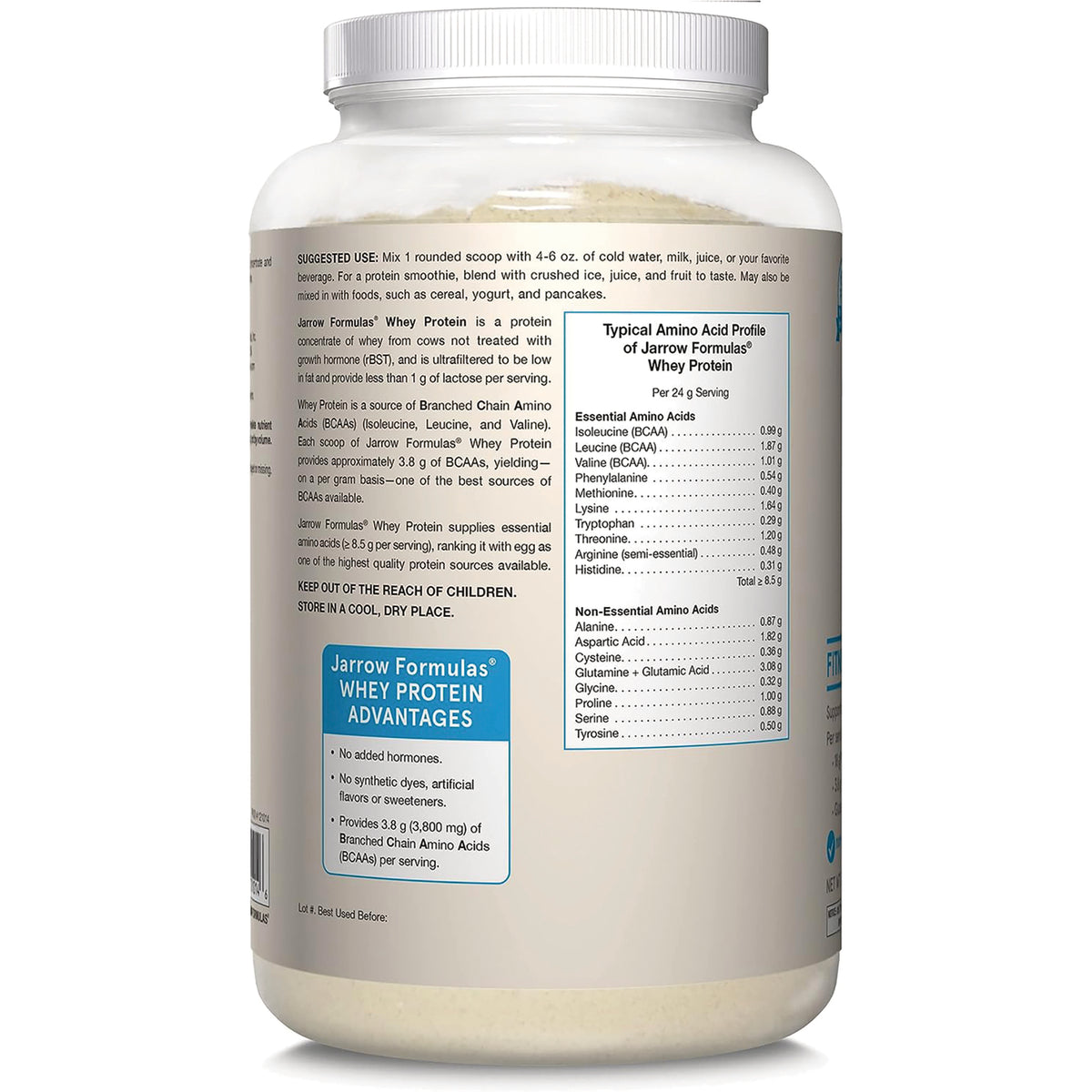 JR069 | back label of whey protein tub showing suggested use, product advantages, and amino acid panel