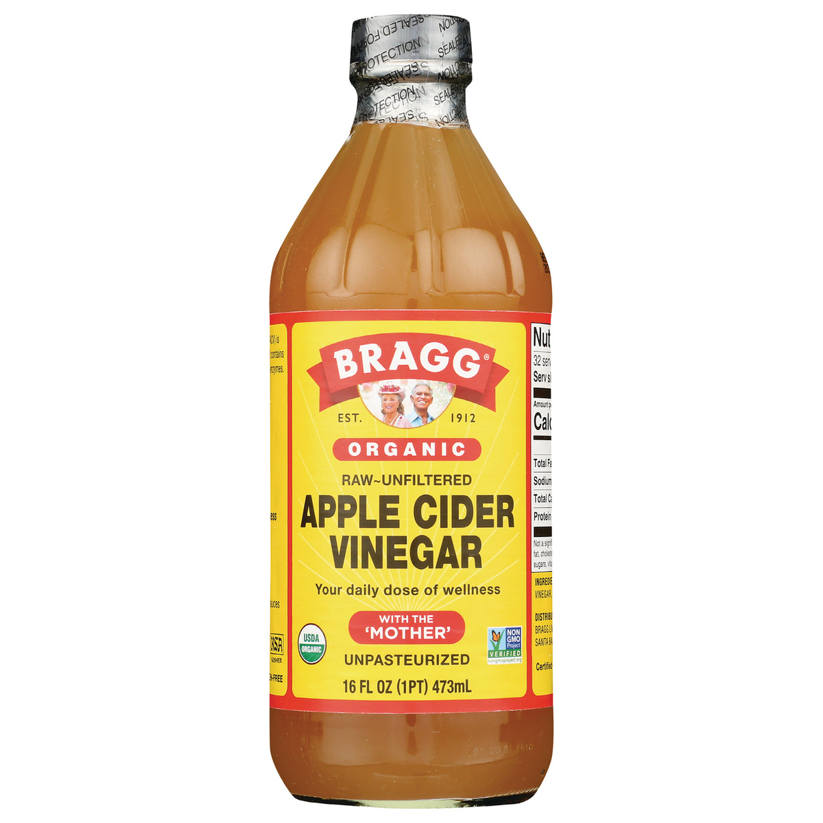 BR005 | Bragg organic raw unfiltered apple cider vinegar bottle, yellow label reads APPLE CIDER VINEGAR and WITH THE MOTHER 16 FL OZ