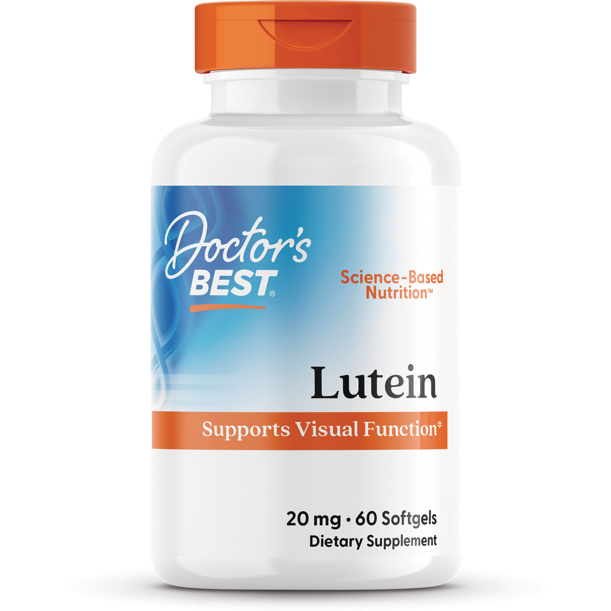 DB154 | White bottle of Doctor's Best Lutein supplement with orange cap labeled Supports Visual Function 20 mg 60 Softgels