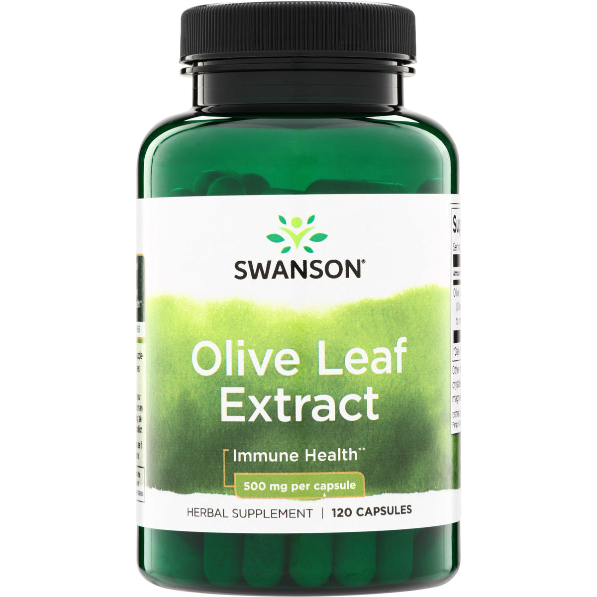 SWH159 | Swanson Olive Leaf Extract bottle with white label, 500 mg per capsule, 120 capsules
