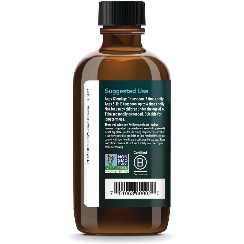 GH034 | back label of amber supplement bottle showing Suggested Use, barcode, NON GMO Project and B Corp logos - Thumbnail
