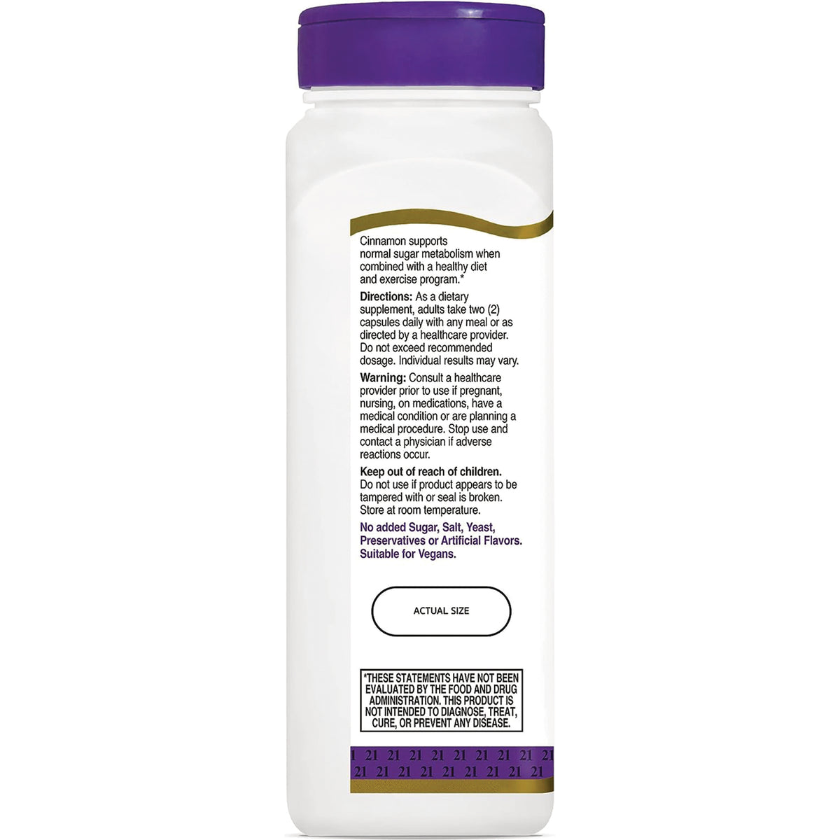 CNT036 | Back of white supplement bottle showing directions, warnings, and actual size label