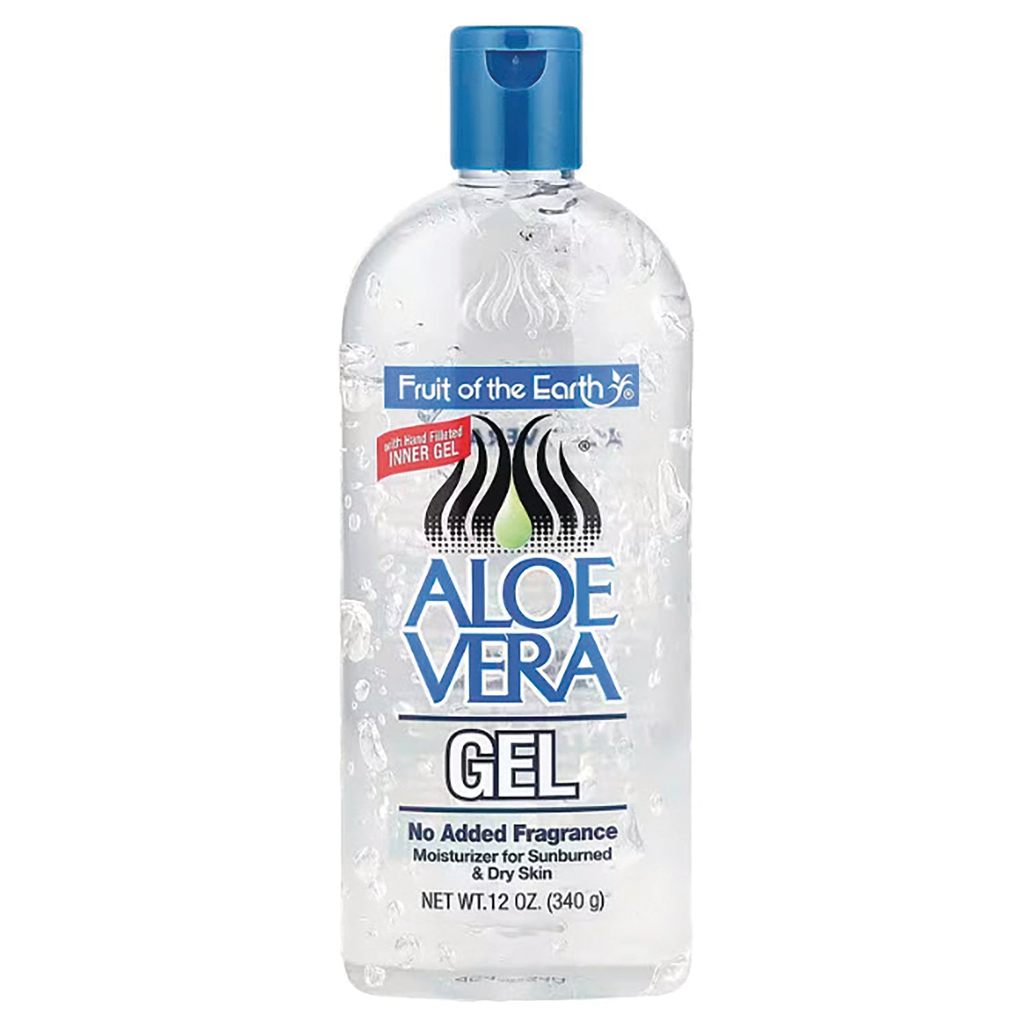 FE003 | Clear bottle of Fruit of the Earth Aloe Vera Gel no added fragrance 12 oz