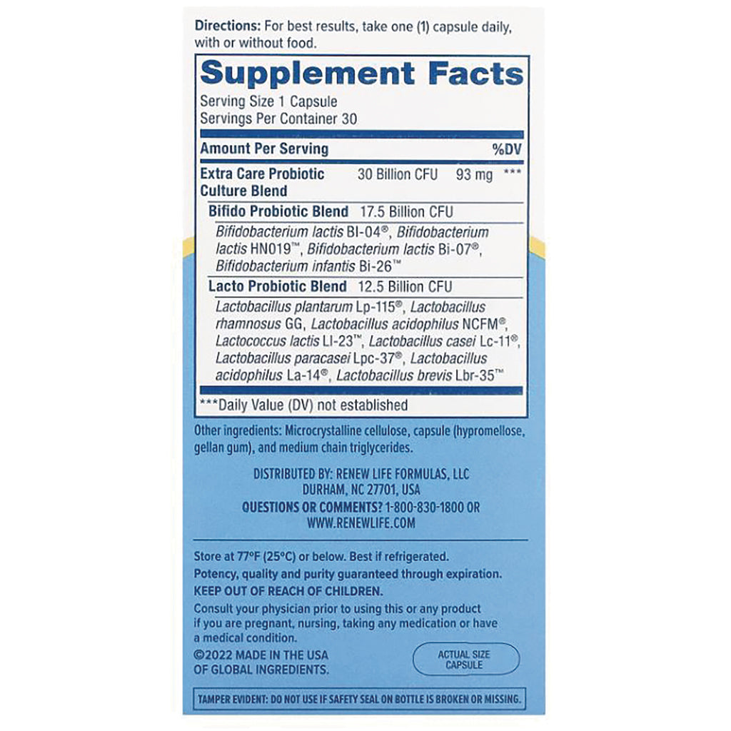 RNL220 | back label showing Supplement Facts panel with probiotic blends, ingredients and storage instructions - Thumbnail