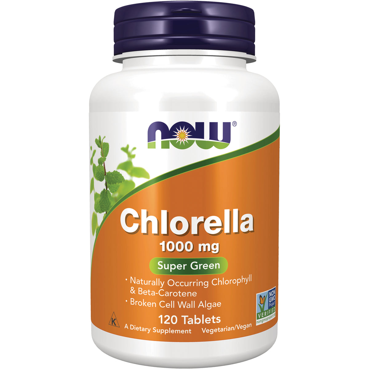 NWF1039 | NOW Chlorella 1000 mg Super Green bottle, 120 tablets front label