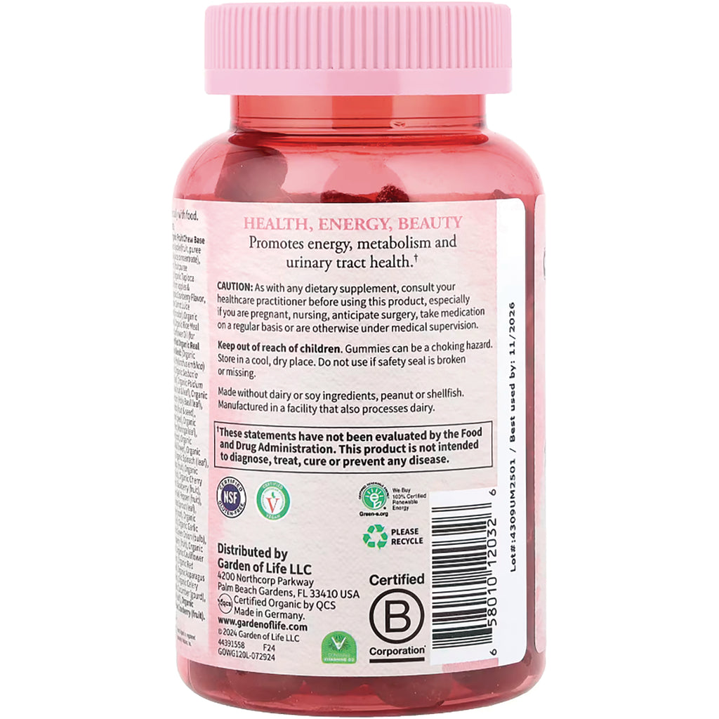 GLF239 | Back of pink supplement bottle showing label with HEALTH, ENERGY, BEAUTY heading, caution text, icons and barcode - Thumbnail