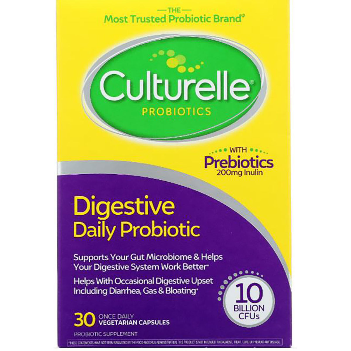 CUL001 | Culturelle Digestive Daily Probiotic box, 30 vegetarian capsules, 10 billion CFUs, with prebiotics 200mg inulin