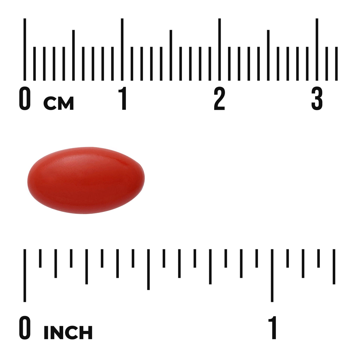 SWU1080 | Red oval softgel shown with size scale in centimeters and inches