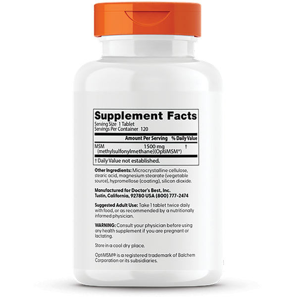 DB087 | Back label showing Supplement Facts panel listing MSM 1500 mg, other ingredients, suggested use, warnings, and manufacturer info - Thumbnail