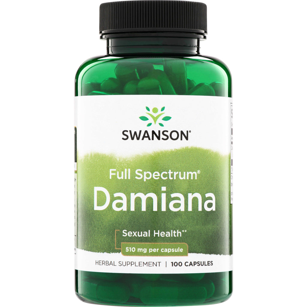 SW532 | Swanson Full Spectrum Damiana herbal supplement bottle, Sexual Health, 510 mg per capsule, 100 capsules - Thumbnail