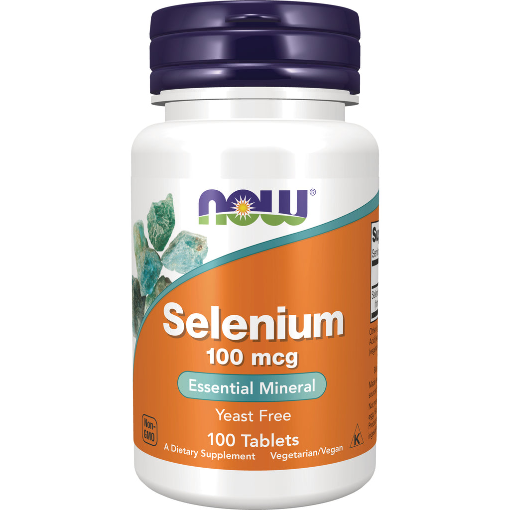 NWF847 | NOW Selenium 100 mcg white supplement bottle front label reading Essential Mineral Yeast Free 100 Tablets - Thumbnail