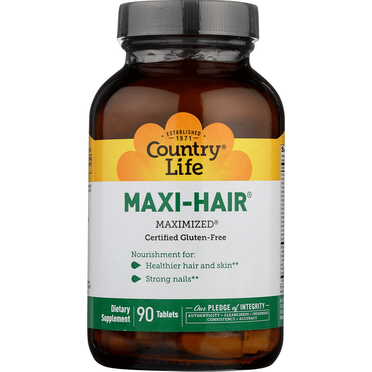 CRL261 | Front view of Country Life MAXI-HAIR dietary supplement bottle labeled Certified Gluten-Free, 90 tablets