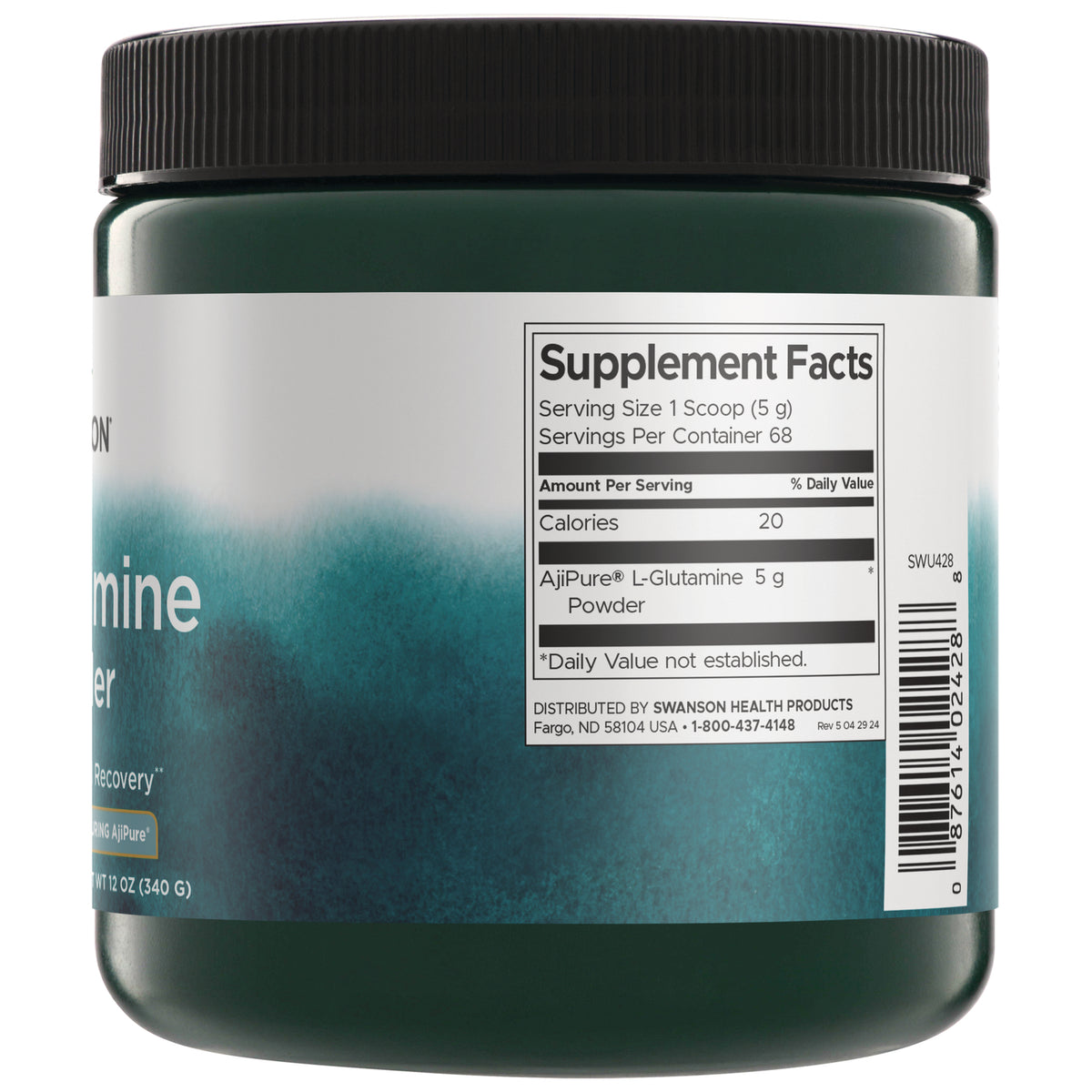 SWU428 | Supplement Facts panel for AjiPure L-Glutamine powder, serving size 1 scoop (5 g), 68 servings