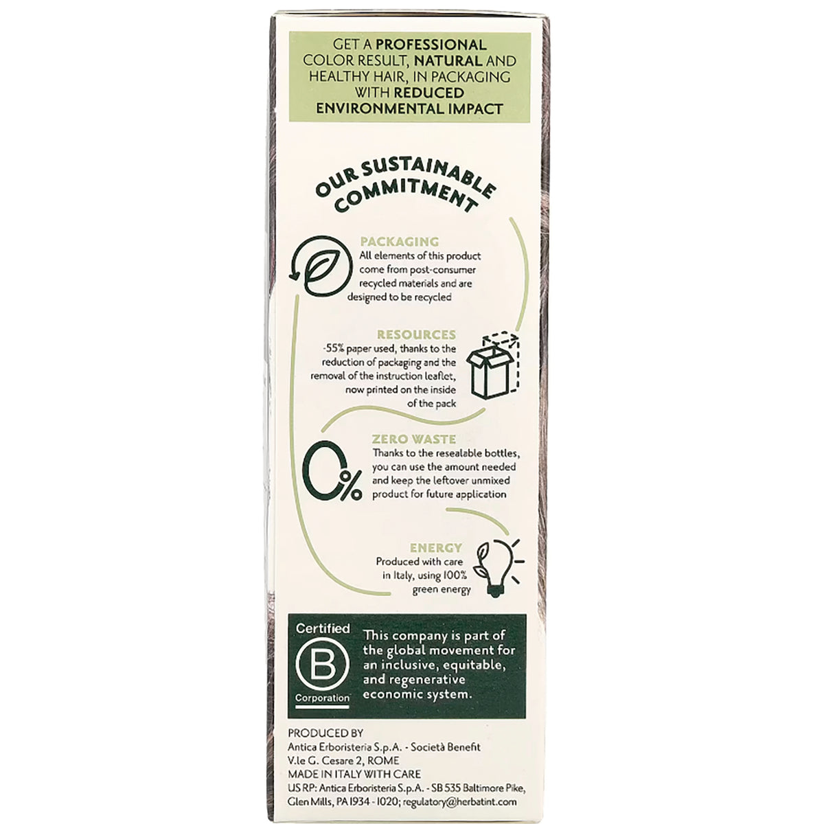 HBT003 | vertical product infographic showing sustainable commitment, packaging, resources, zero waste, energy, and Certified B mark