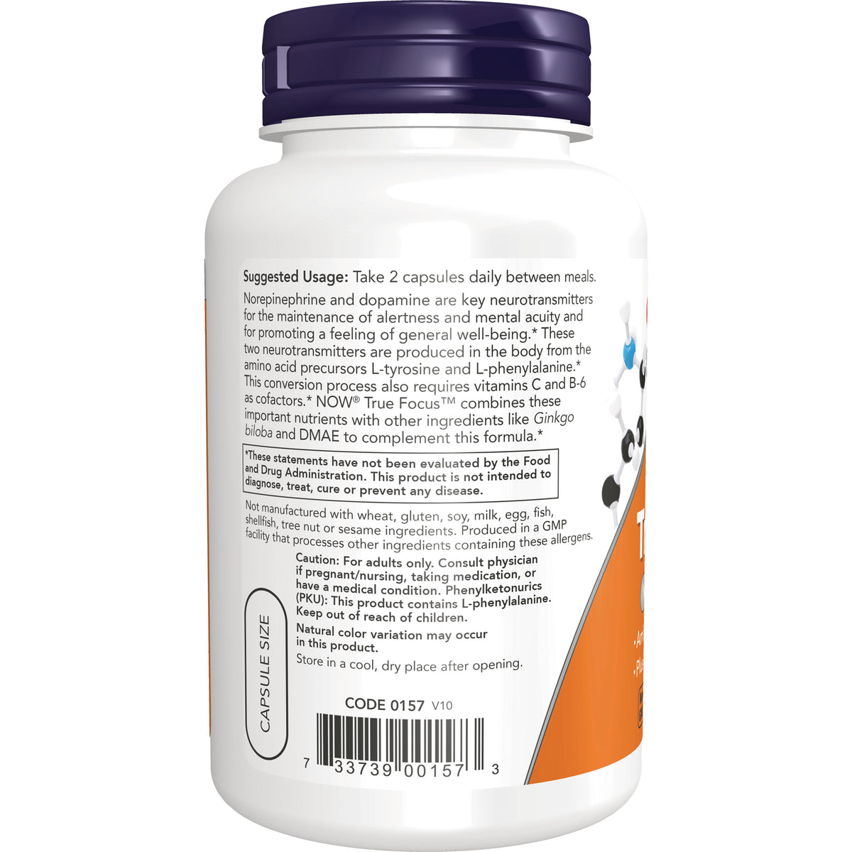 NWF1134 | Back of white supplement bottle with purple cap showing suggested usage text, warnings, and barcode