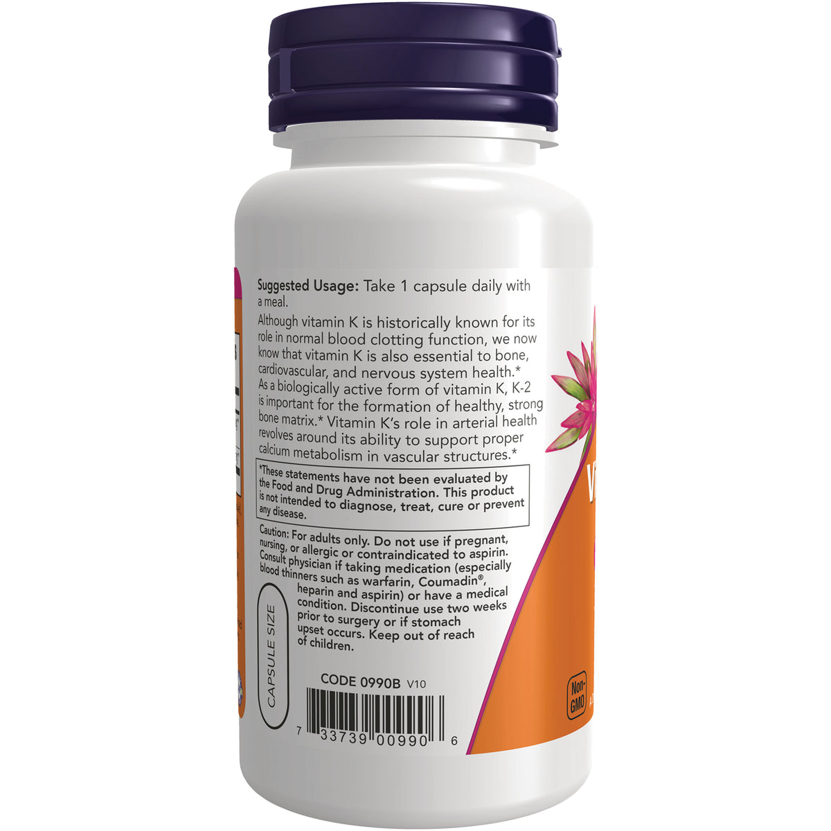 NWF366 | Back label of white supplement bottle showing suggested usage, warnings, and barcode