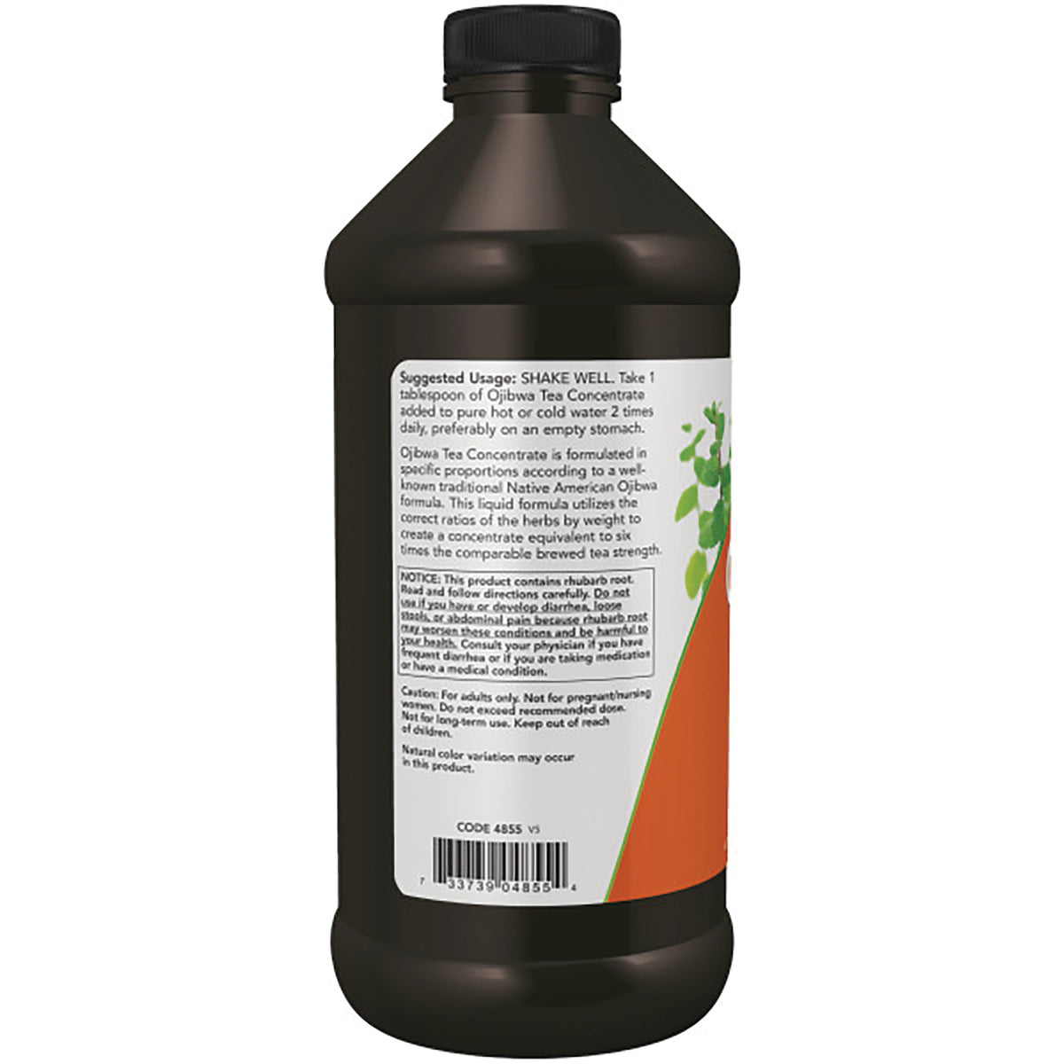 NWF954 | Back of dark plastic bottle showing white label with suggested usage text, warnings, and barcode
