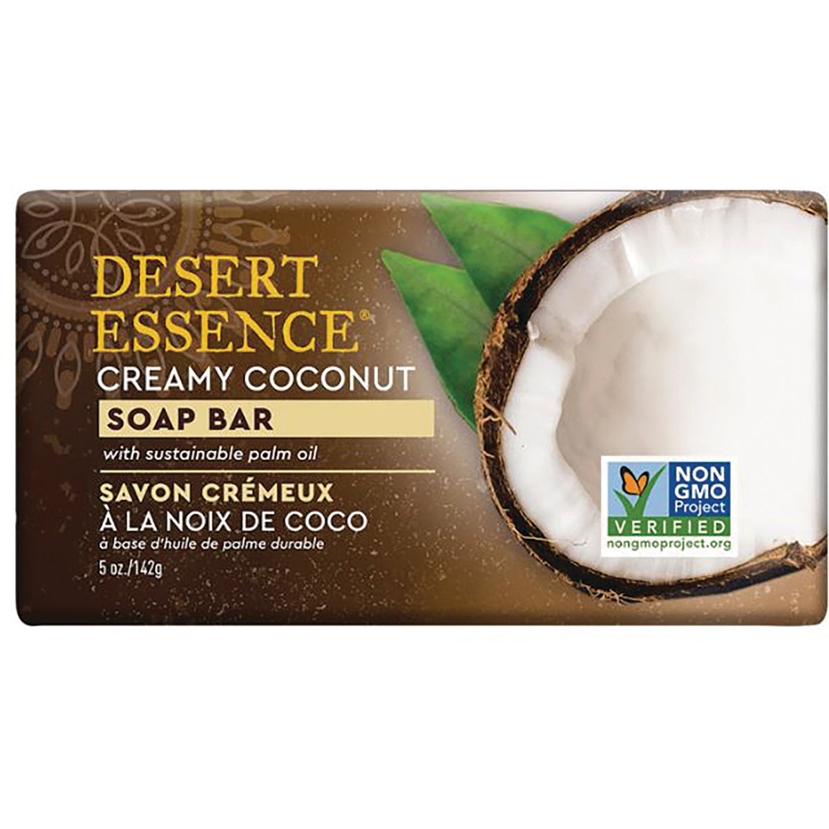 DST082 | Desert Essence creamy coconut soap bar packaging with halved coconut and Non-GMO Project Verified logo