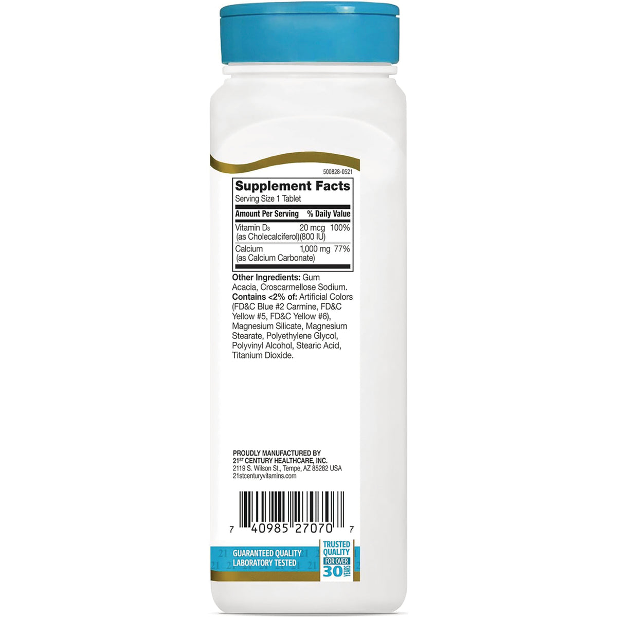 CNT021 | Back of white supplement bottle showing Supplement Facts panel, ingredients list, and barcode