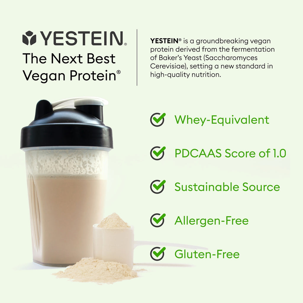 SW1918 | YESTEIN vegan protein infographic with shaker; Whey-equivalent, PDCAAS 1.0, sustainable, allergen-free, gluten-free - Thumbnail