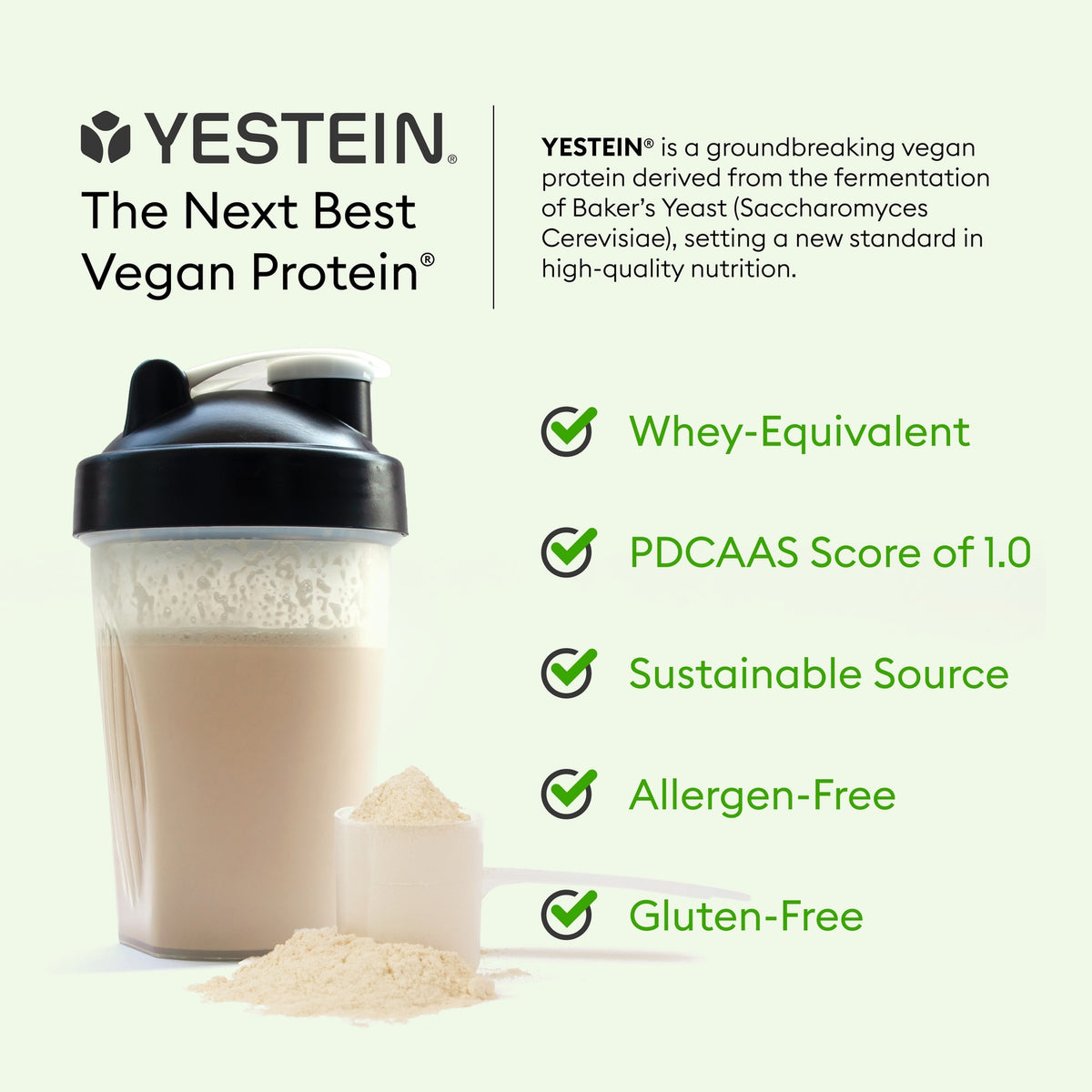 SW1918 | YESTEIN vegan protein infographic with shaker; Whey-equivalent, PDCAAS 1.0, sustainable, allergen-free, gluten-free