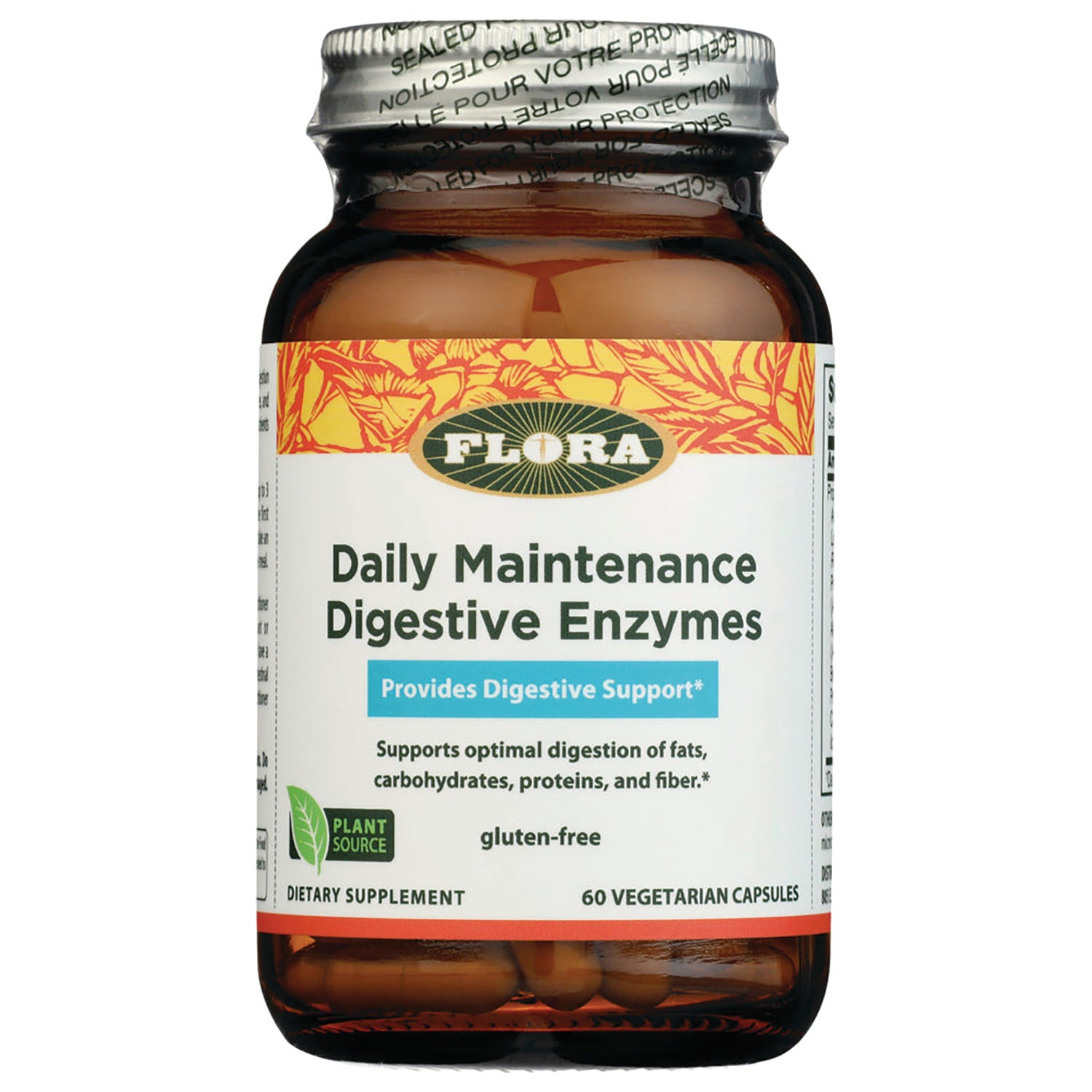 FL111 | Flora Daily Maintenance Digestive Enzymes bottle, label reads Provides Digestive Support, gluten-free, 60 vegetarian capsules