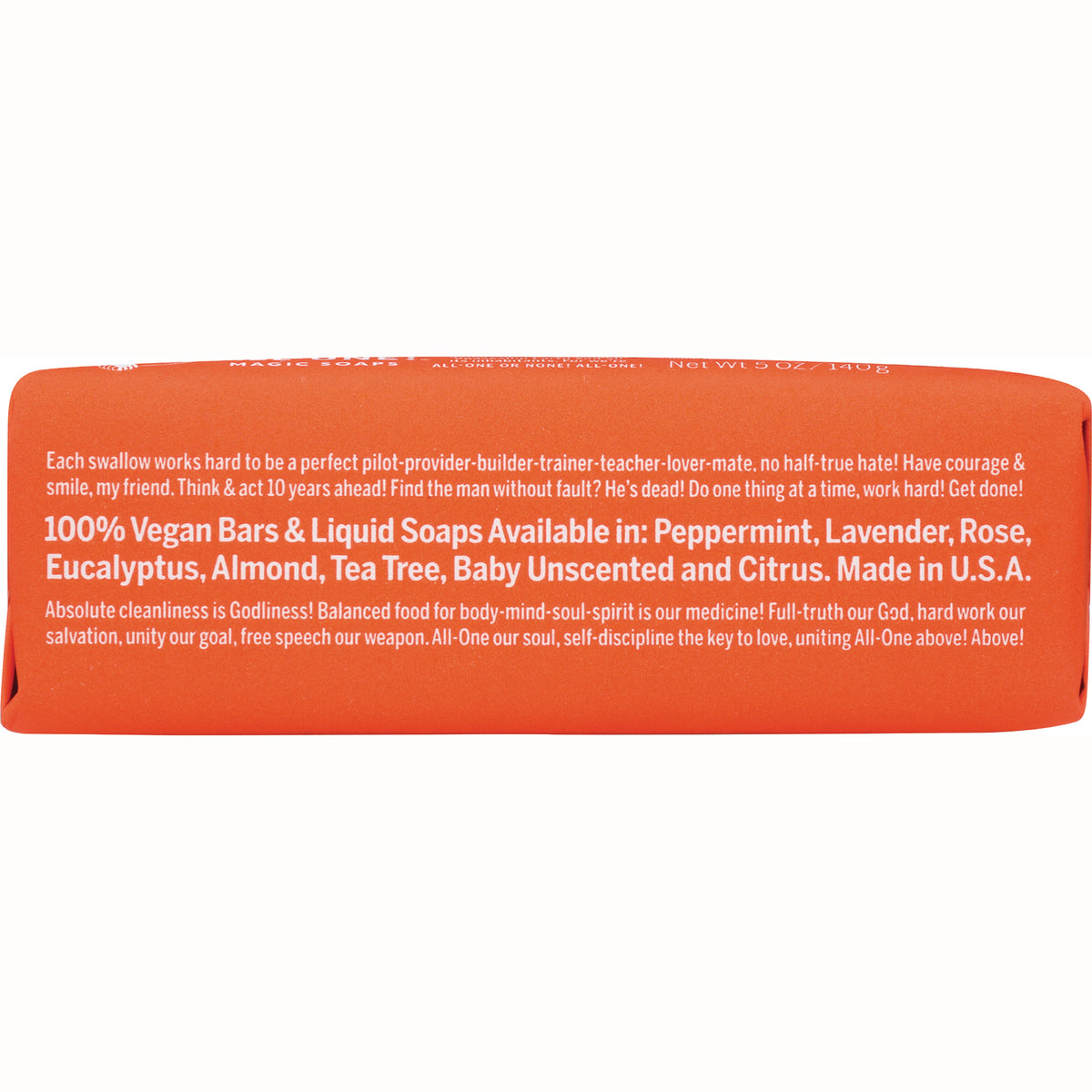 DRB005 | Back of orange soap wrapper listing 100% Vegan bars and scents: peppermint, lavender, rose, eucalyptus