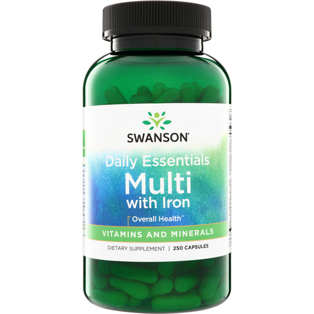 SW257 | Swanson Daily Essentials Multi with Iron, vitamins and minerals, 250 capsules, front label - Thumbnail