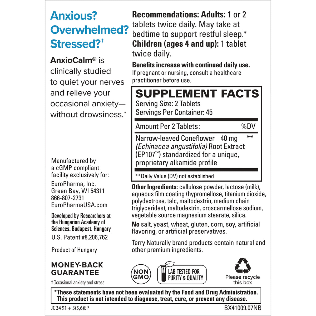 Supplement facts and directions panel for AnxioCalm dietary supplement showing serving size, ingredients, and manufacturer information