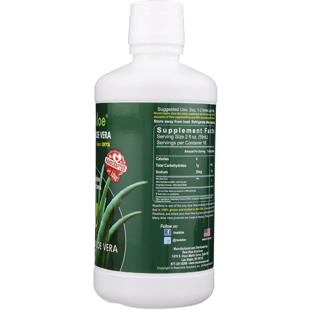 RA005 | Back of white aloe vera bottle showing green label with Supplement Facts nutrition panel - Thumbnail