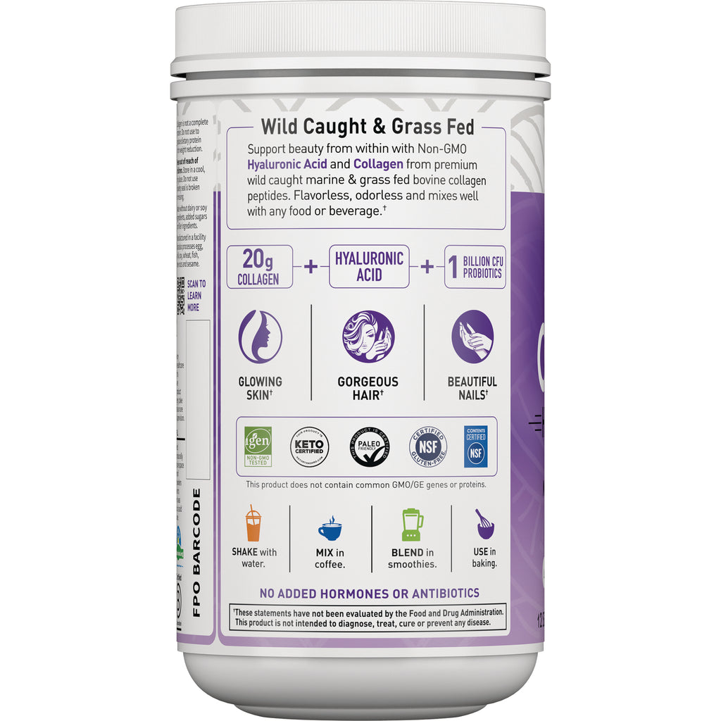 GLF350 | Back of supplement tub label listing 20g collagen, hyaluronic acid, 1 billion CFU probiotics, icons for glowing skin, hair, nails and usage directions - Thumbnail