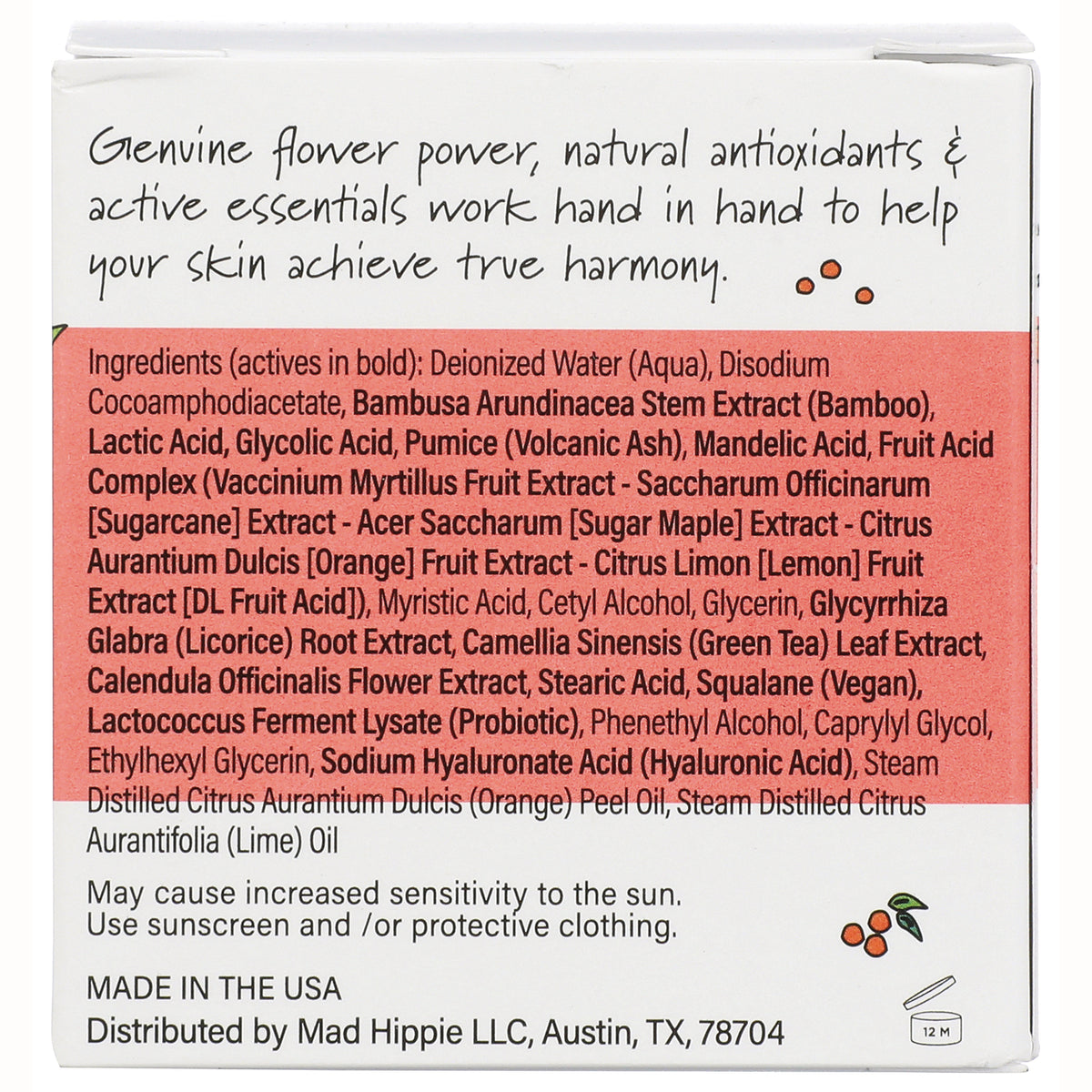 HIP013 | Back of white product box showing ingredients list, usage warning about sun sensitivity, and MADE IN THE USA