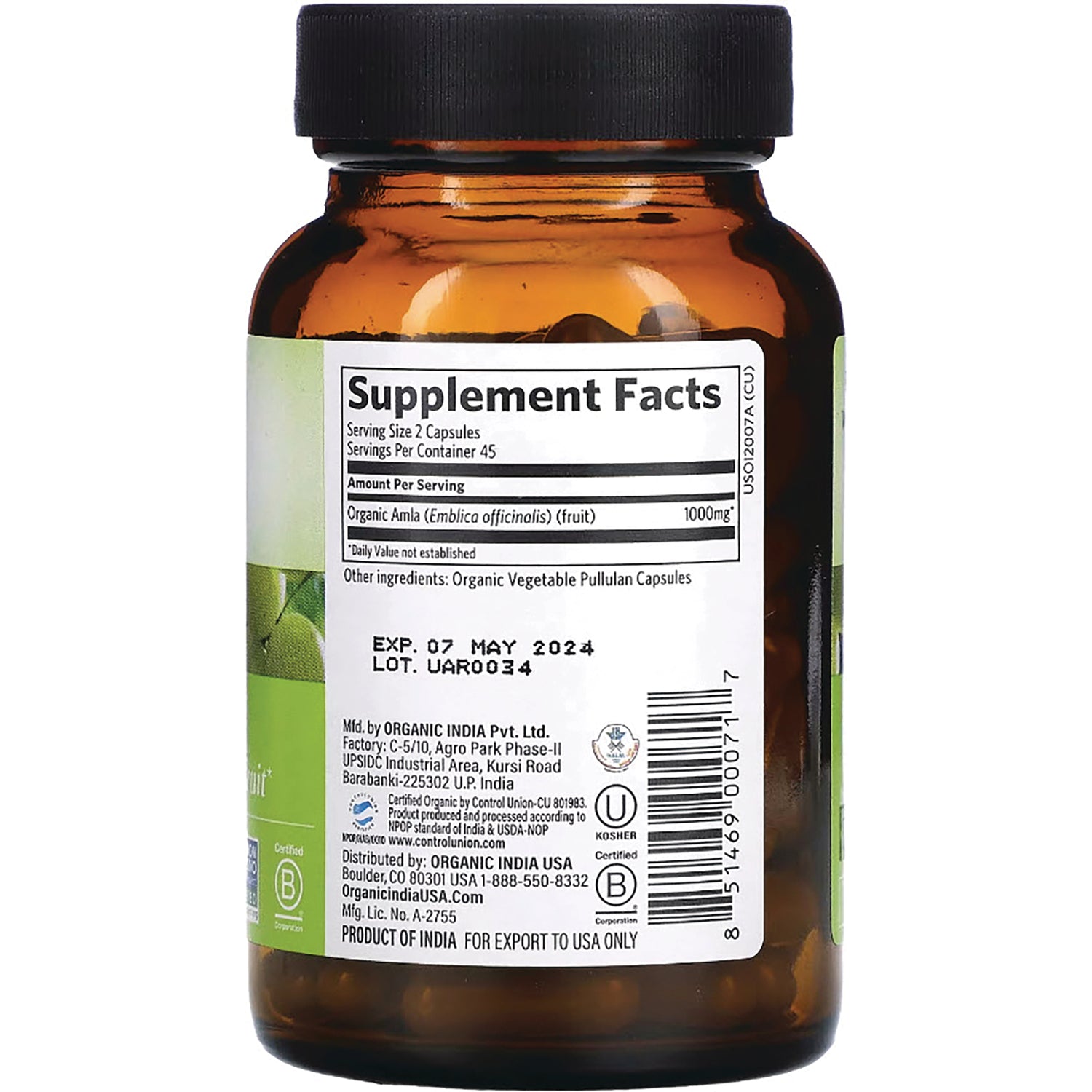 RGN041 | back of amber supplement bottle showing Supplement Facts panel, EXP 07 MAY 2024 and LOT UAR0034