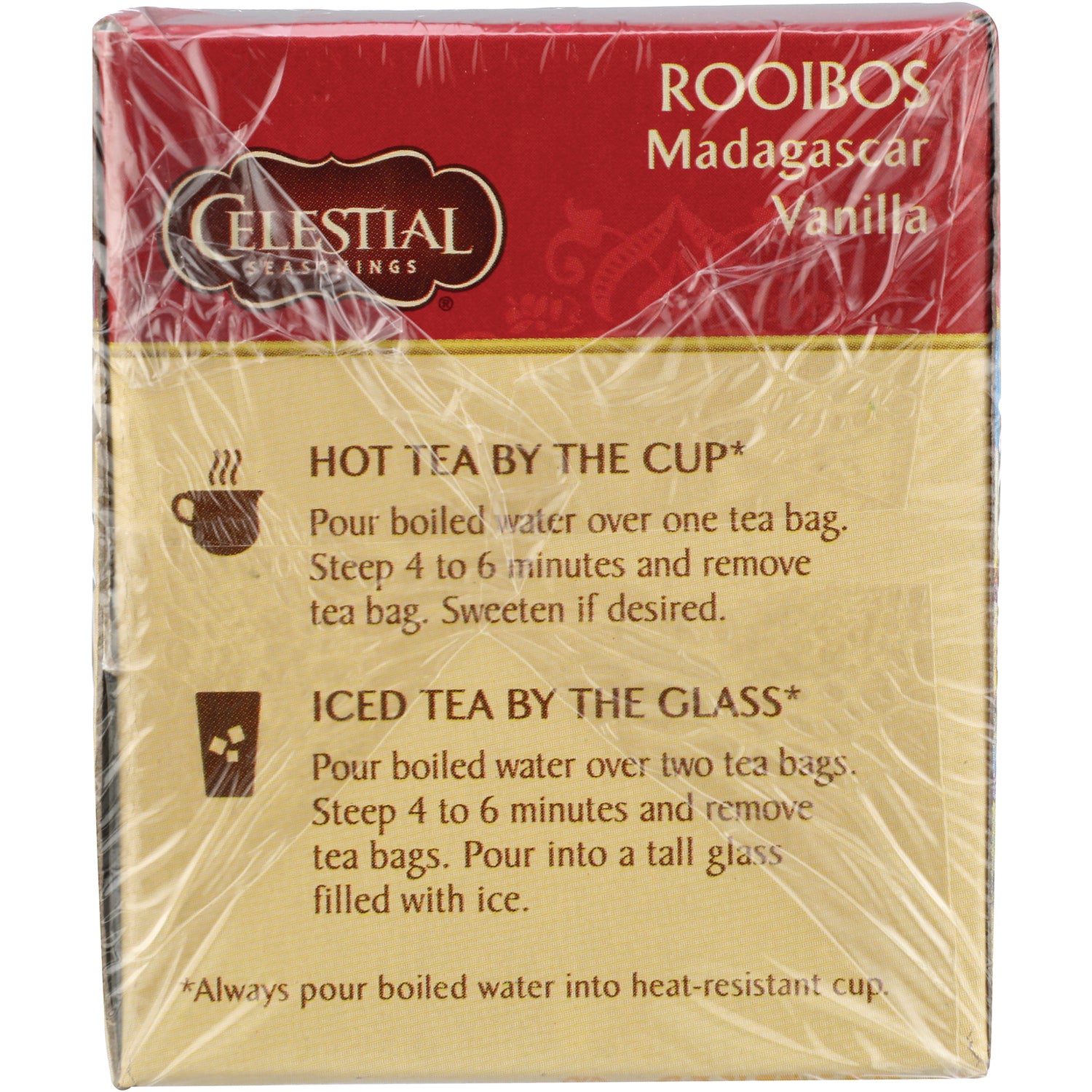 CEL005 | Back of Celestial Seasonings Rooibos Madagascar Vanilla tea box showing hot and iced tea brewing instructions