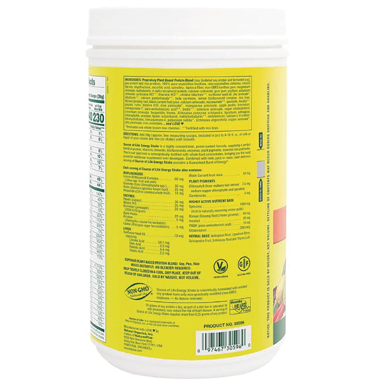 NTP030 | Back of yellow supplement tub showing ingredient panel, nutrition facts, certification icons and barcode