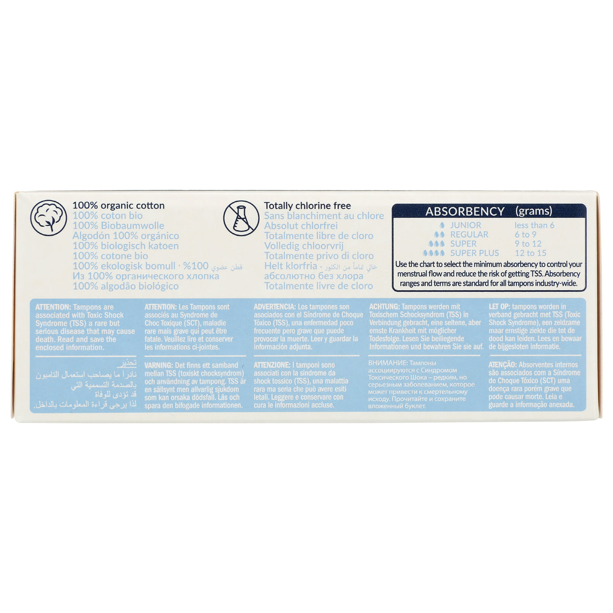NCR001 | Back of tampon box showing absorbency chart, 100% organic cotton claim and multilingual warnings
