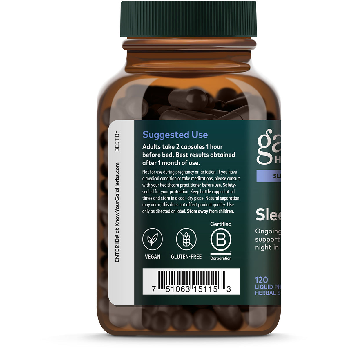 GH134 | Back label of brown supplement bottle showing suggested use, vegan and gluten-free icons, and barcode