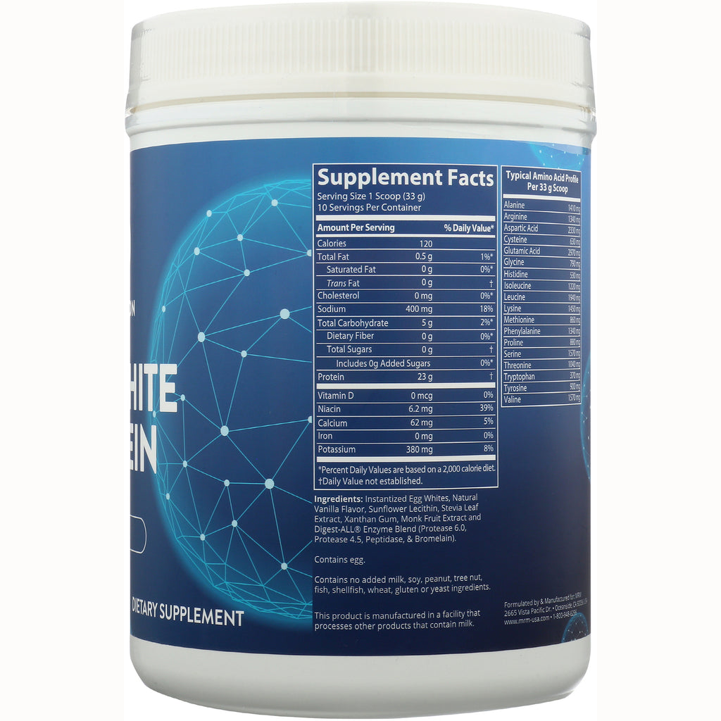 MRM015 | Back label showing Supplement Facts panel, amino acid profile, and ingredients on blue protein powder tub - Thumbnail