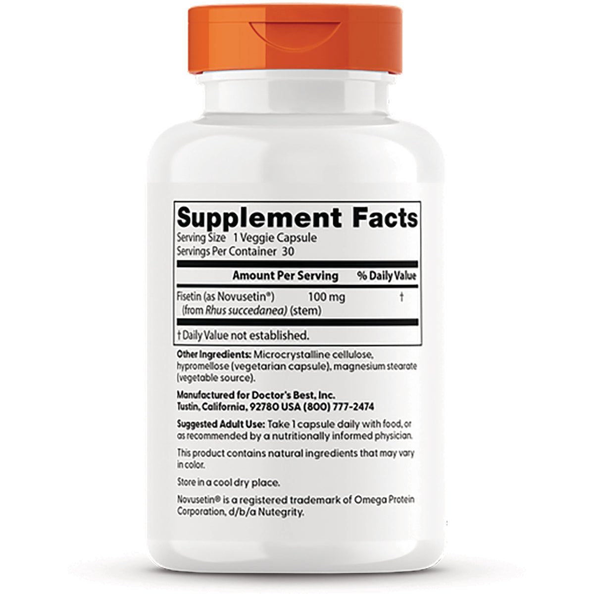 DB218 | back label showing Supplement Facts panel, ingredients, and suggested use text on white bottle