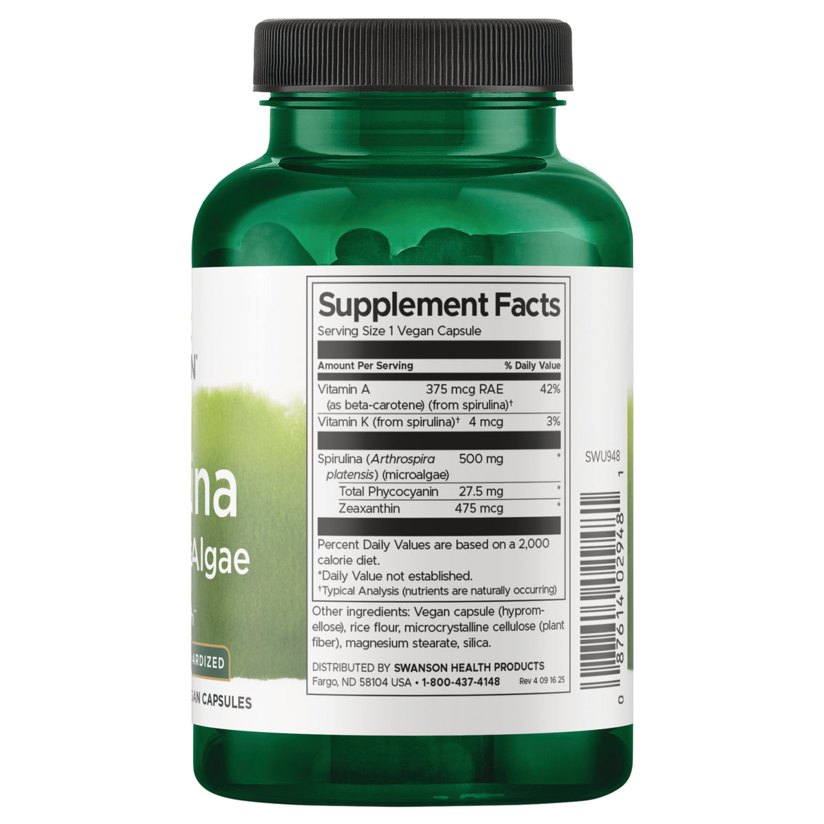 SWU948 | Back label with Supplement Facts for spirulina vegan capsules, barcode and ingredient panel