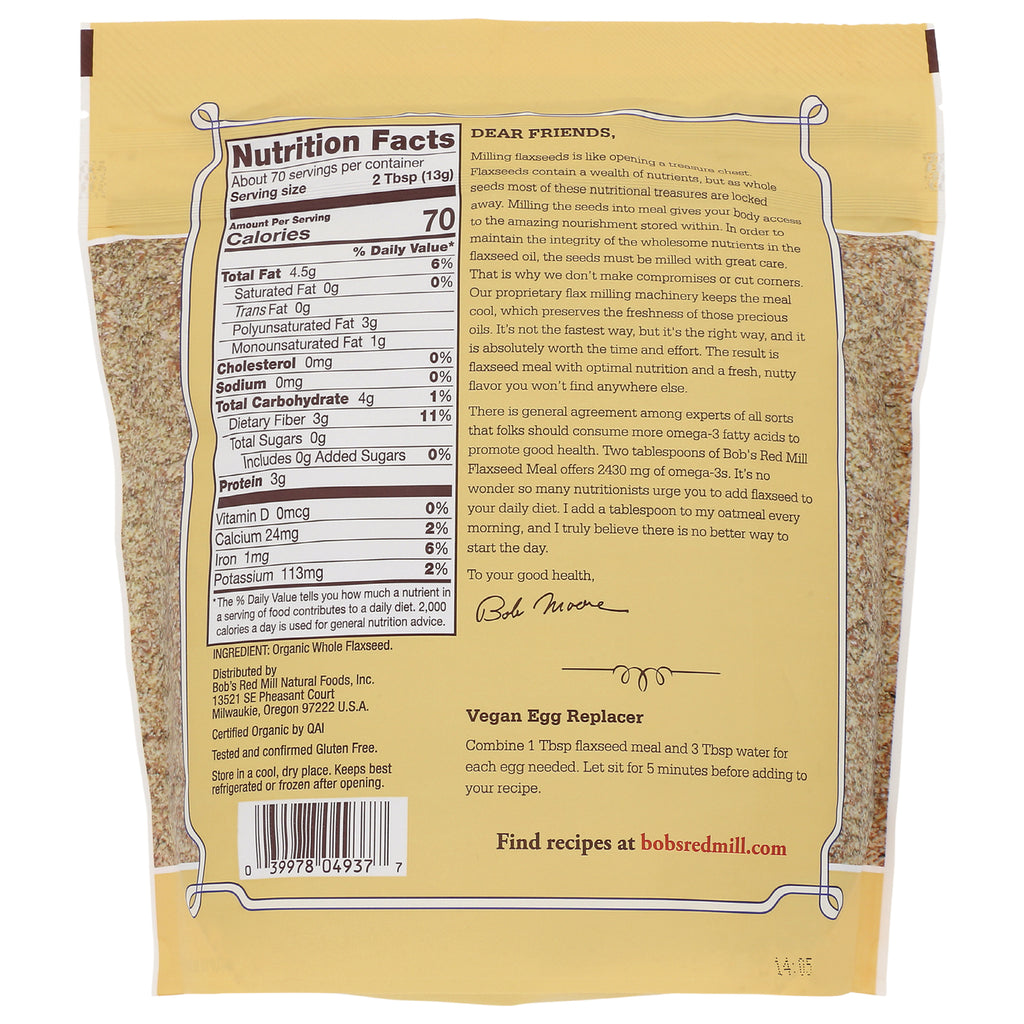 BOB254 | Nutrition Facts panel and Vegan Egg Replacer instructions on back of yellow Bob's Red Mill flaxseed package - Thumbnail