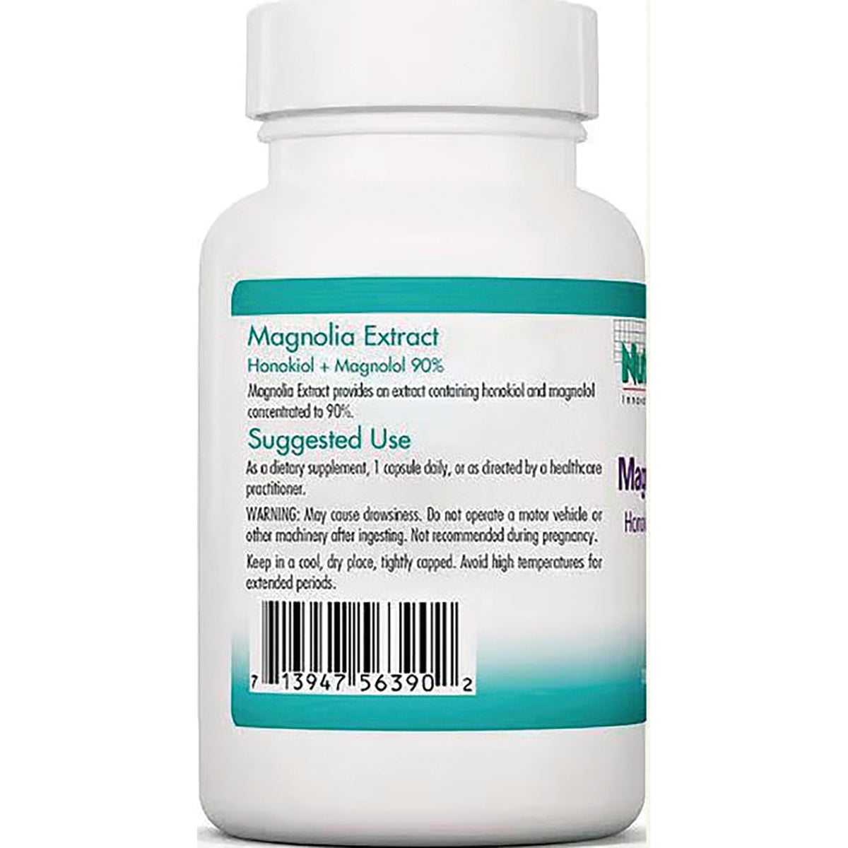 NCL117 | Back of white supplement bottle labeled Magnolia Extract showing suggested use, warnings and barcode