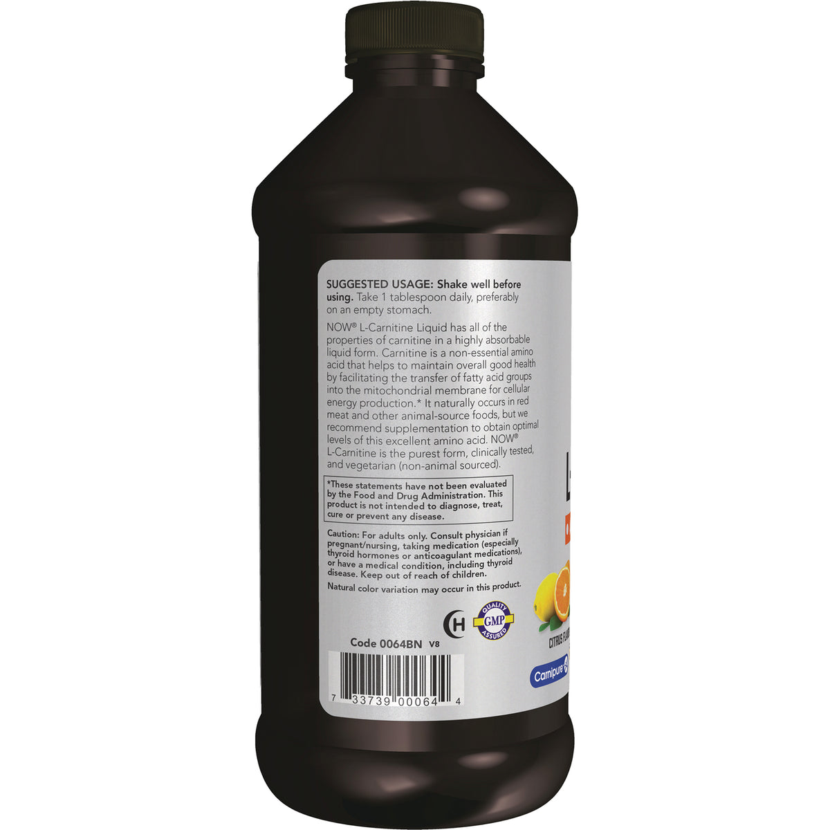 NWF761 | Back label of dark supplement bottle showing suggested usage directions, barcode, and small citrus image