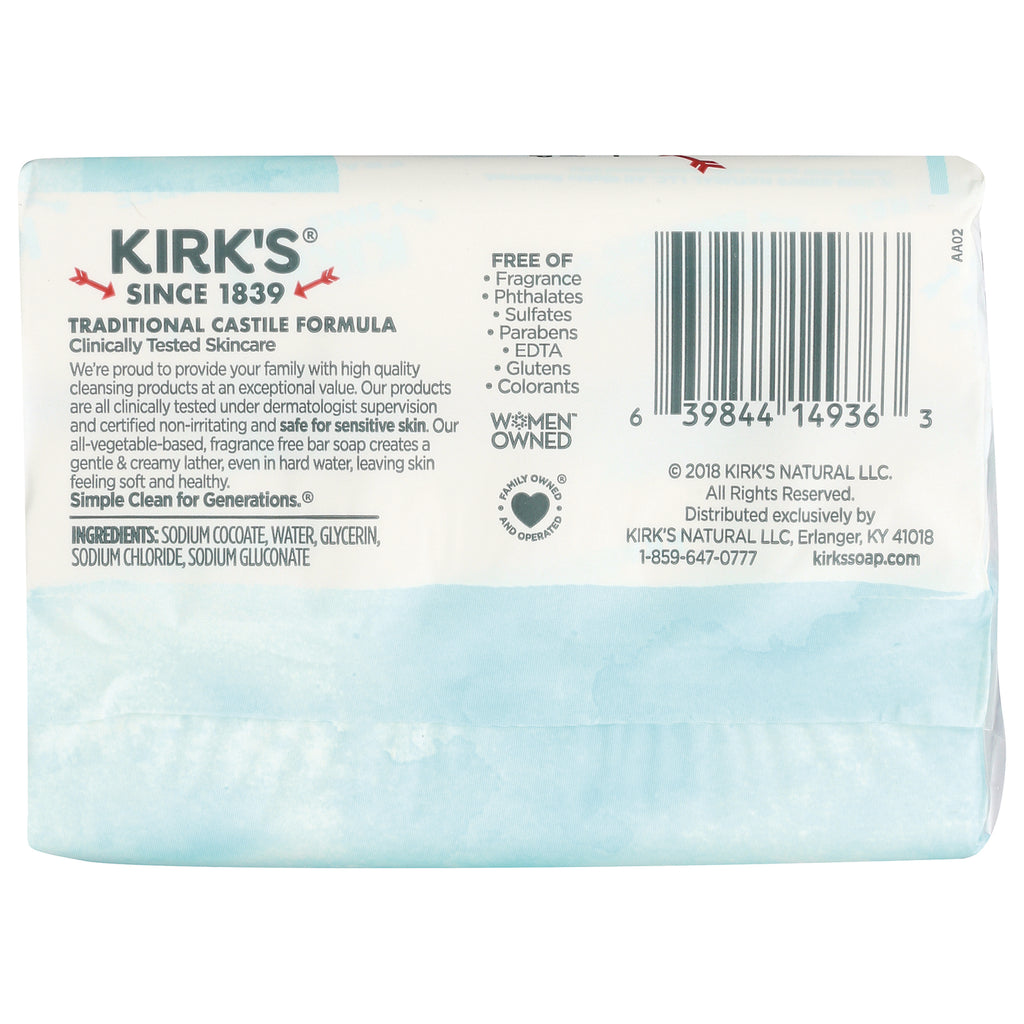 KIR015 | Back of Kirk's soap packaging showing ingredient list, free-of claims and barcode - Thumbnail