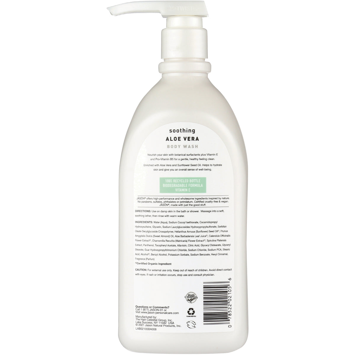 JC043 | back label of aloe vera body wash bottle with ingredients, directions and barcode