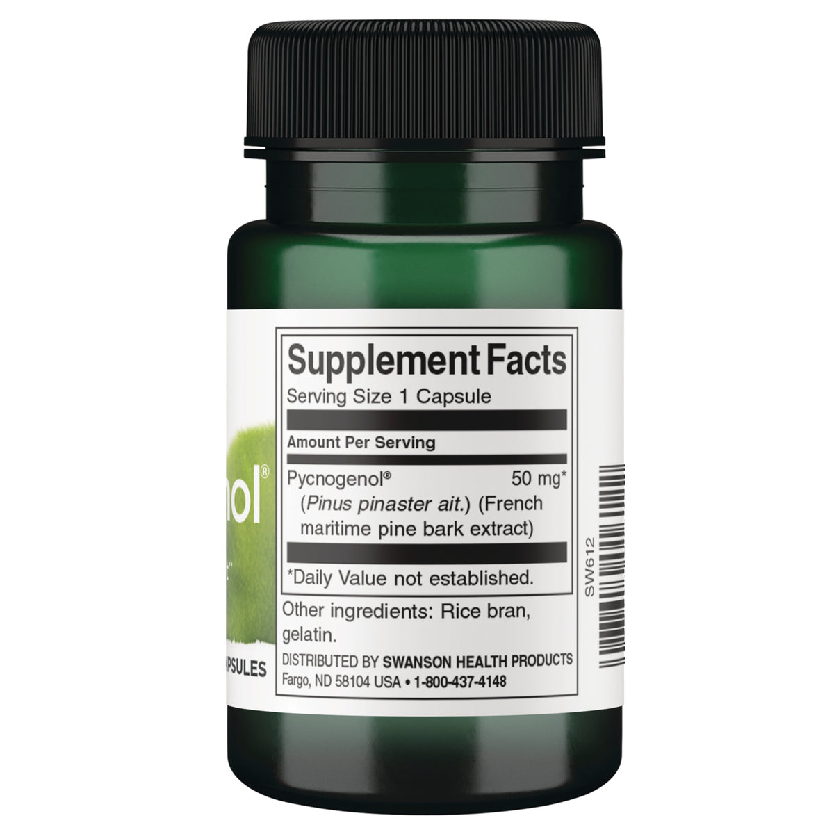 SW612 | Back label showing Supplement Facts for Pycnogenol 50 mg, serving size 1 capsule; ingredients include rice bran, gelatin